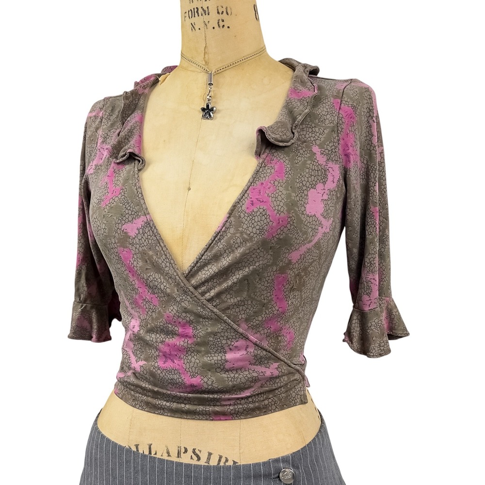 Diane von Furstenberg 100% Silk Wrap Top Ruffle Trim Floral Brown Vintage S - Picture 9 of 12